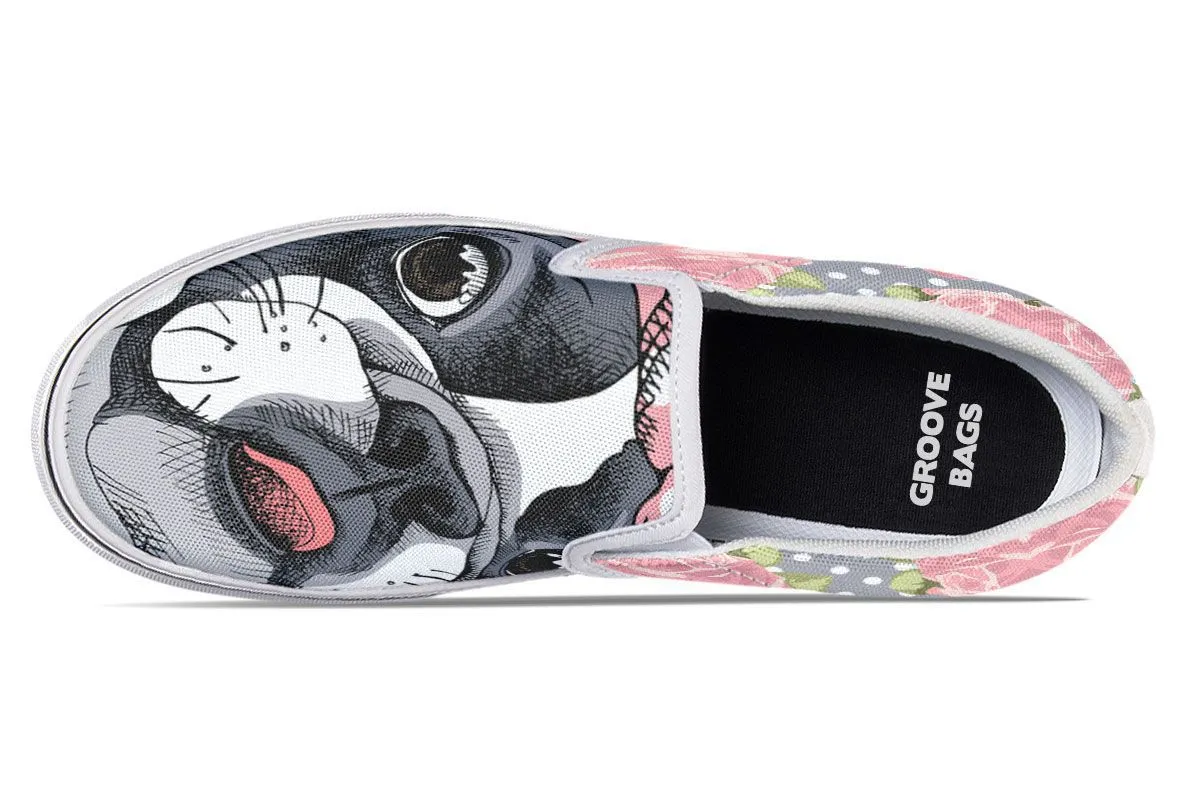 Floral Boston Terrier Pink Slip-On Shoes