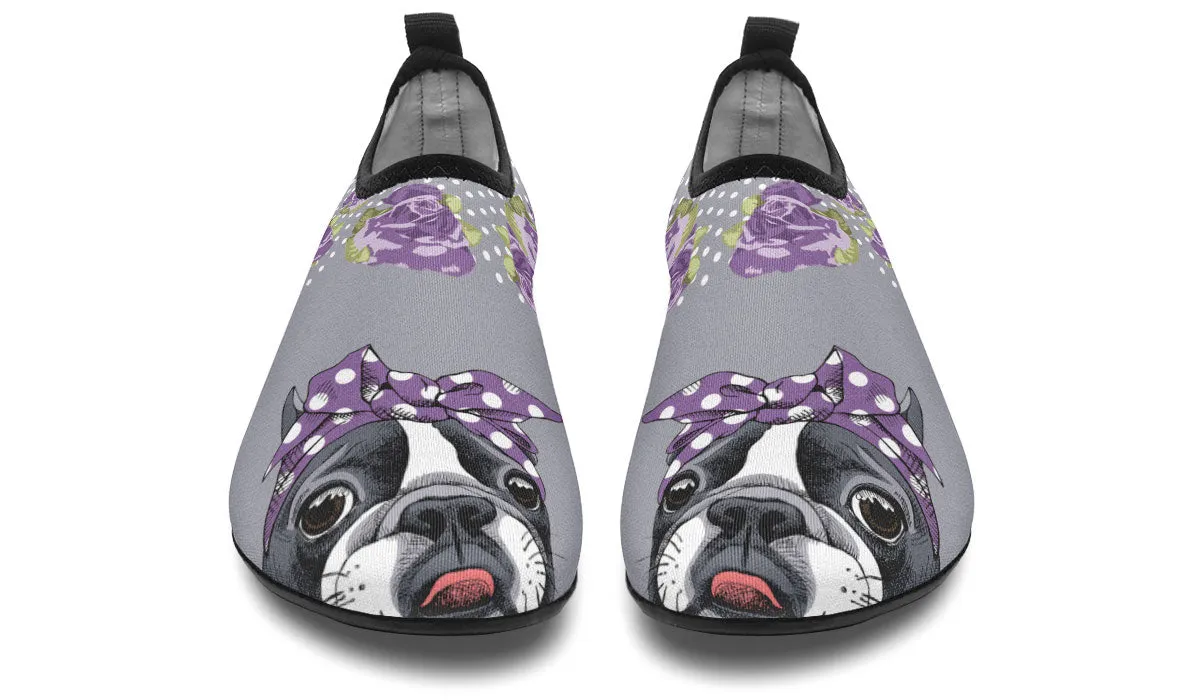 Floral Boston Terrier Purple Aqua Barefoot Shoes