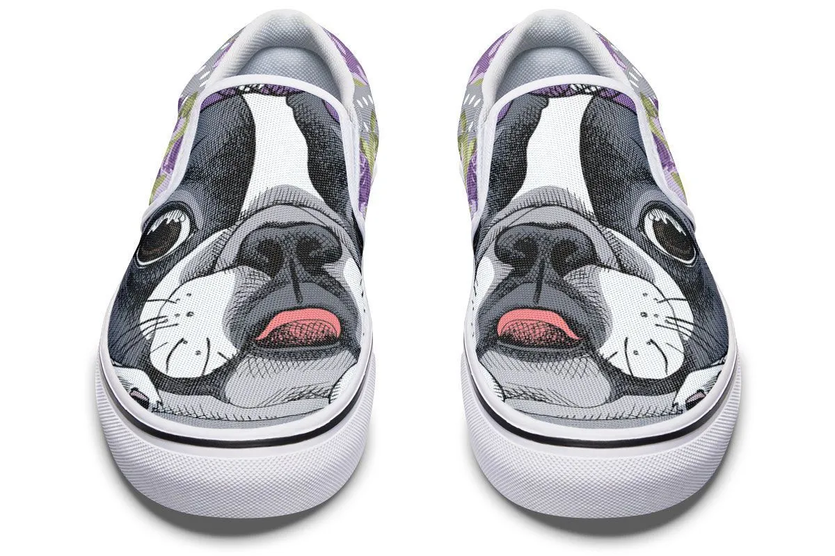 Floral Boston Terrier Purple Slip-On Shoes