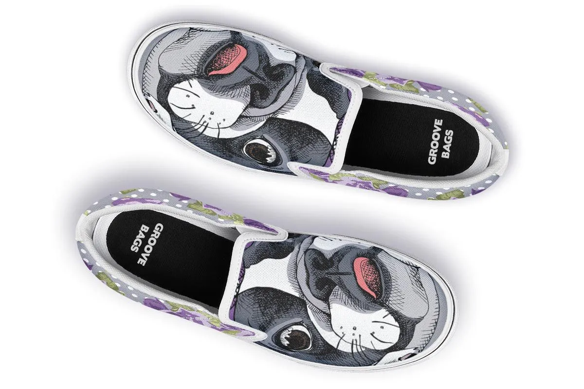 Floral Boston Terrier Purple Slip-On Shoes