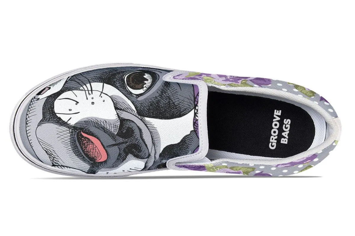 Floral Boston Terrier Purple Slip-On Shoes