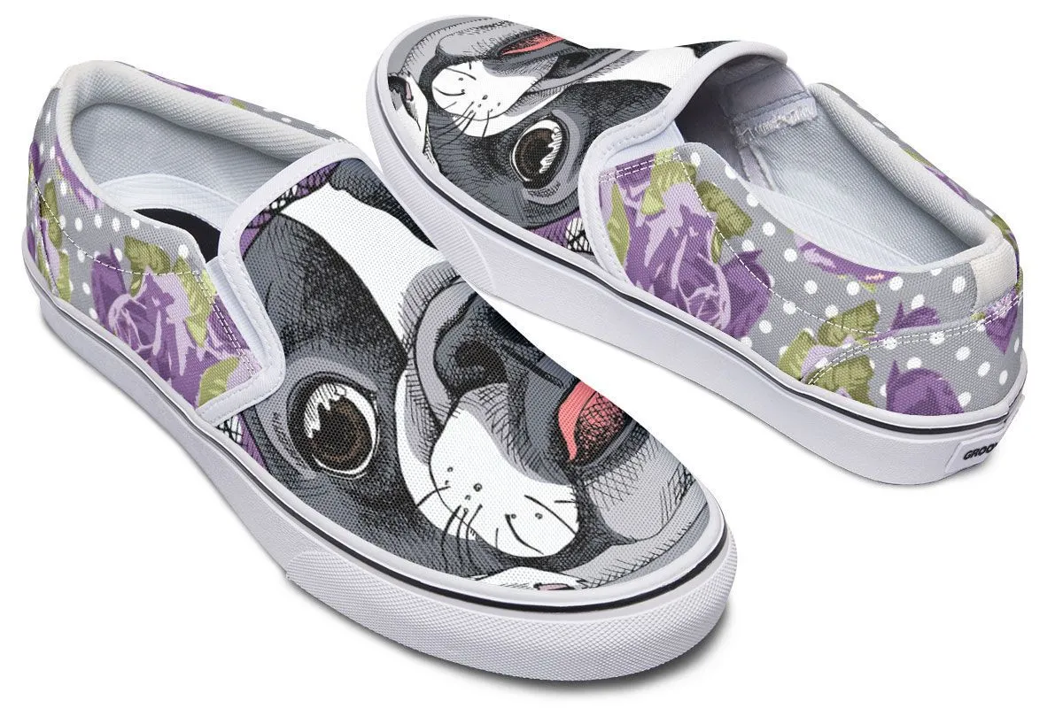 Floral Boston Terrier Purple Slip-On Shoes