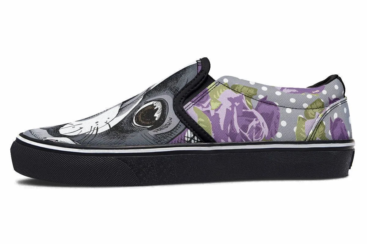 Floral Boston Terrier Purple Slip-On Shoes
