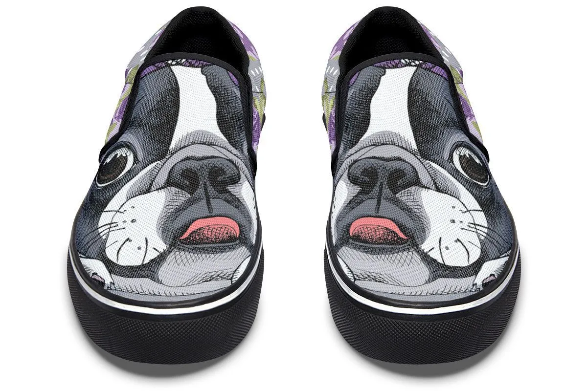 Floral Boston Terrier Purple Slip-On Shoes
