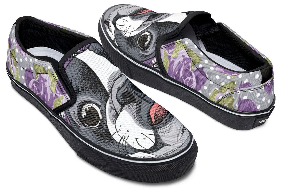 Floral Boston Terrier Purple Slip-On Shoes