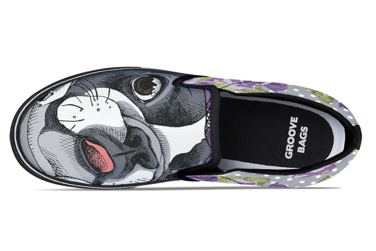 Floral Boston Terrier Purple Slip-On Shoes