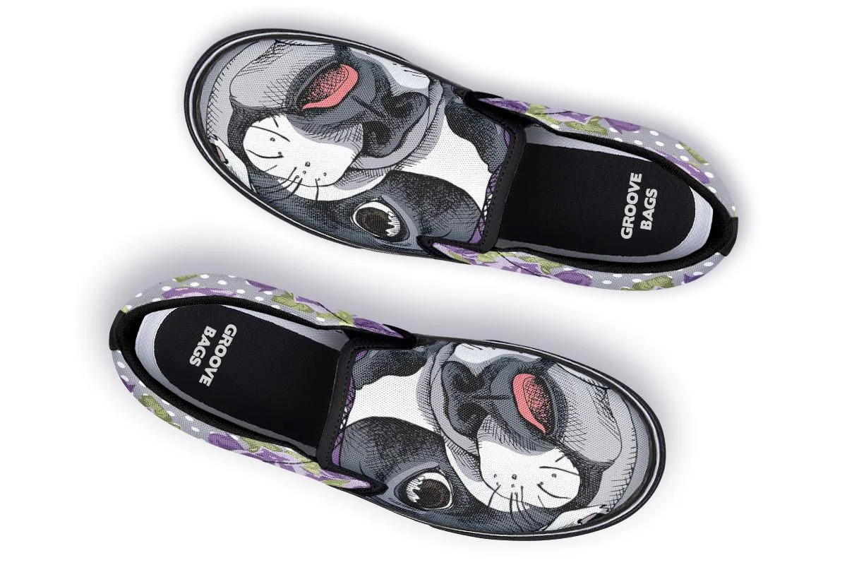 Floral Boston Terrier Purple Slip-On Shoes