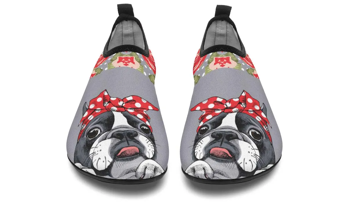 Floral Boston Terrier Red Aqua Barefoot Shoes