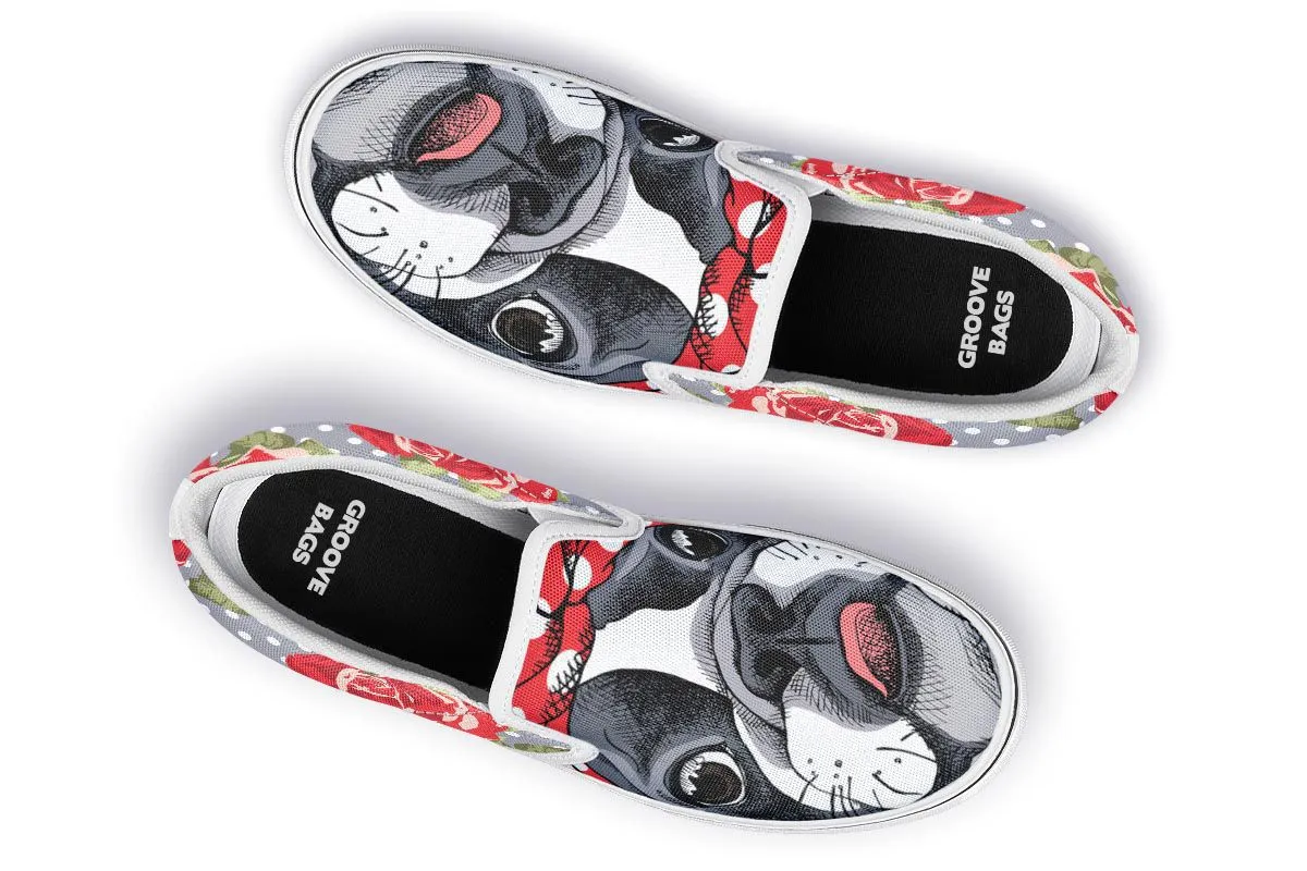 Floral Boston Terrier Red Slip-On Shoes
