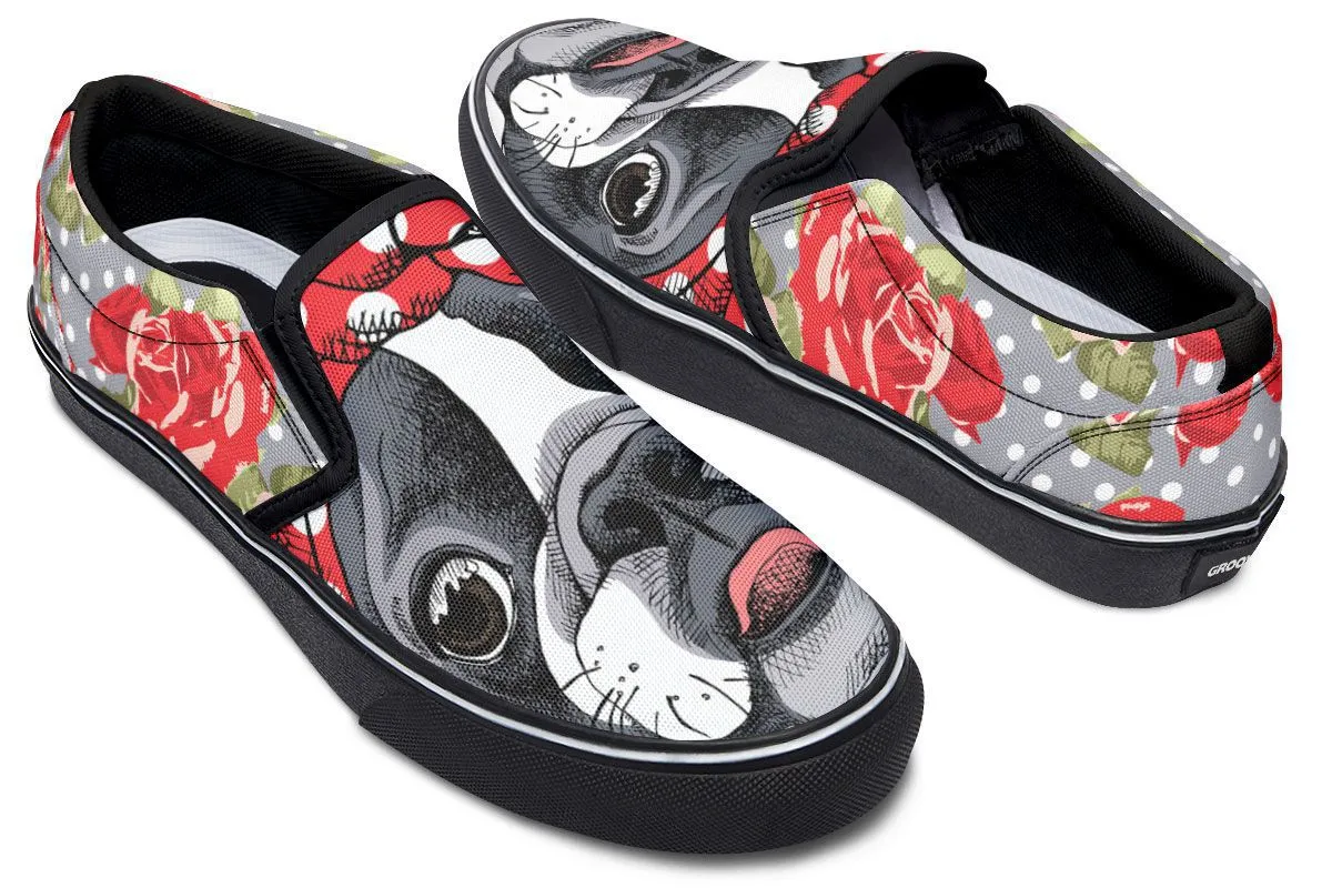 Floral Boston Terrier Red Slip-On Shoes