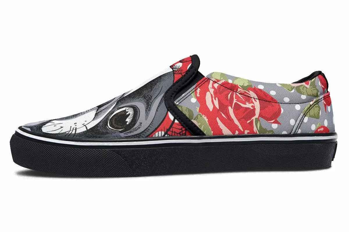 Floral Boston Terrier Red Slip-On Shoes