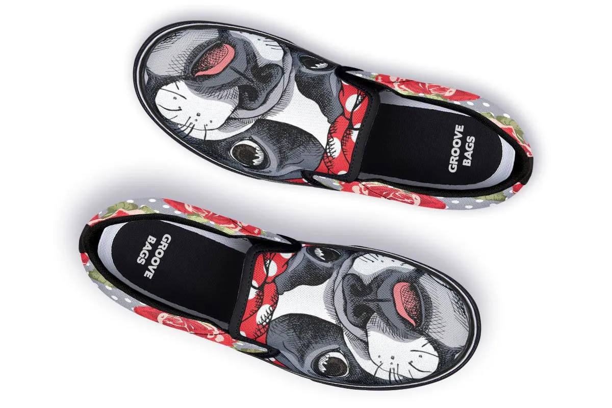 Floral Boston Terrier Red Slip-On Shoes