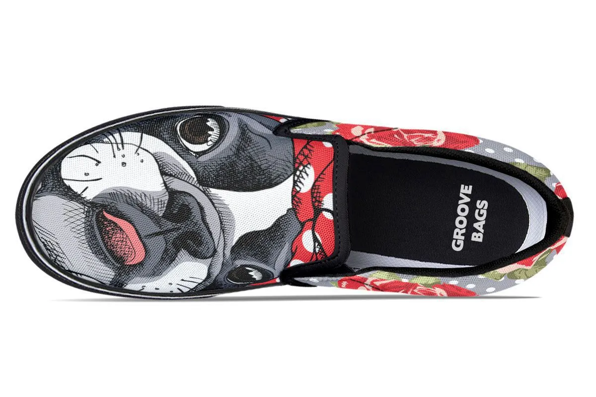 Floral Boston Terrier Red Slip-On Shoes