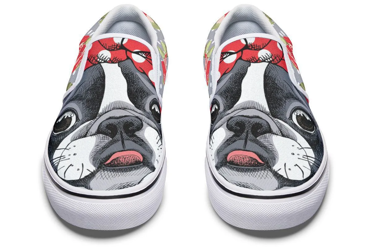 Floral Boston Terrier Red Slip-On Shoes
