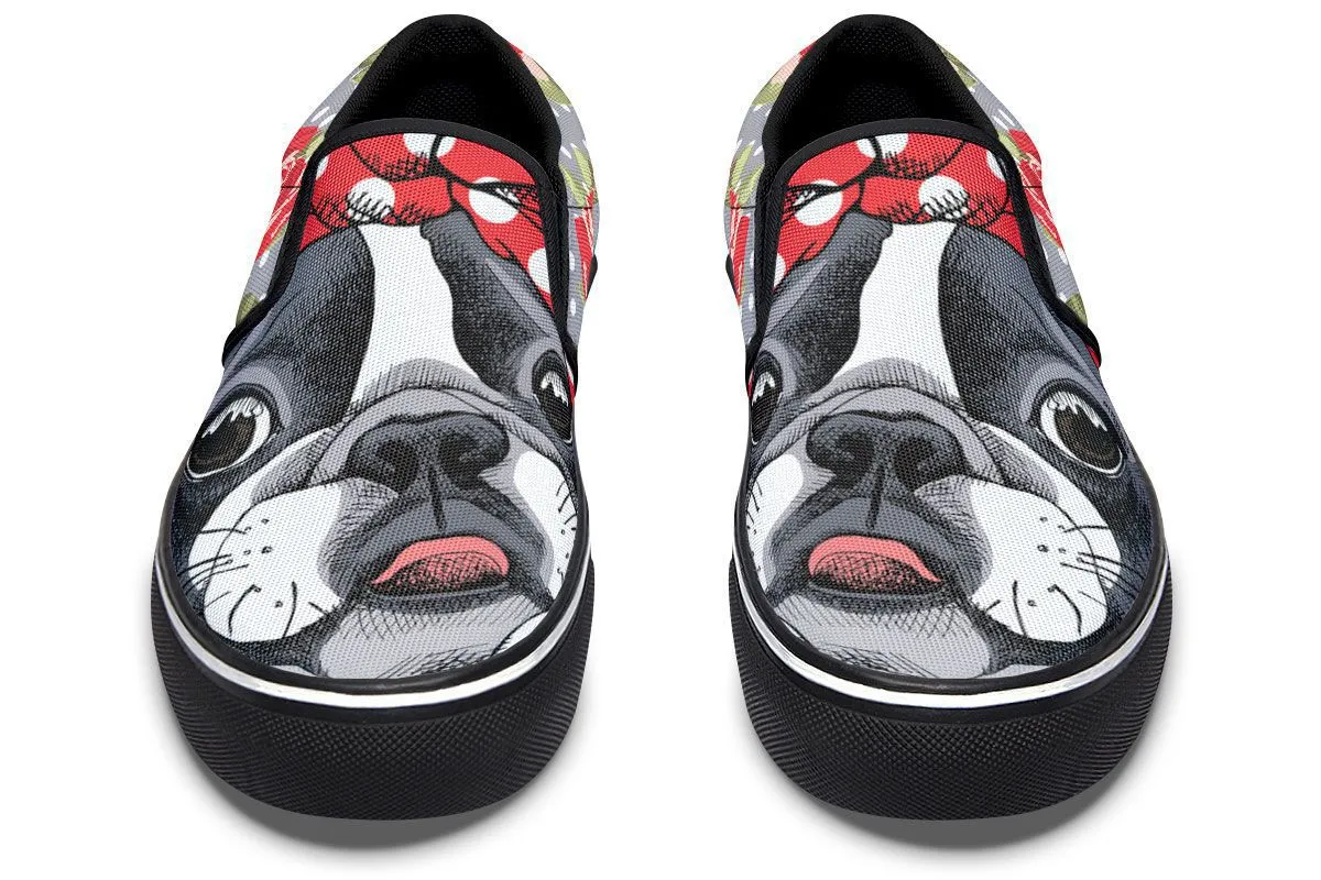 Floral Boston Terrier Red Slip-On Shoes