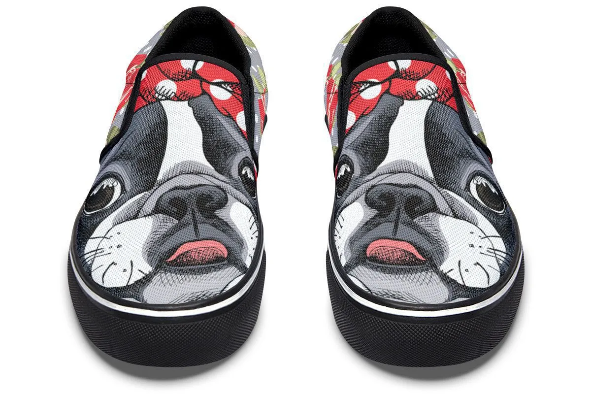 Floral Boston Terrier Slip-On Shoes
