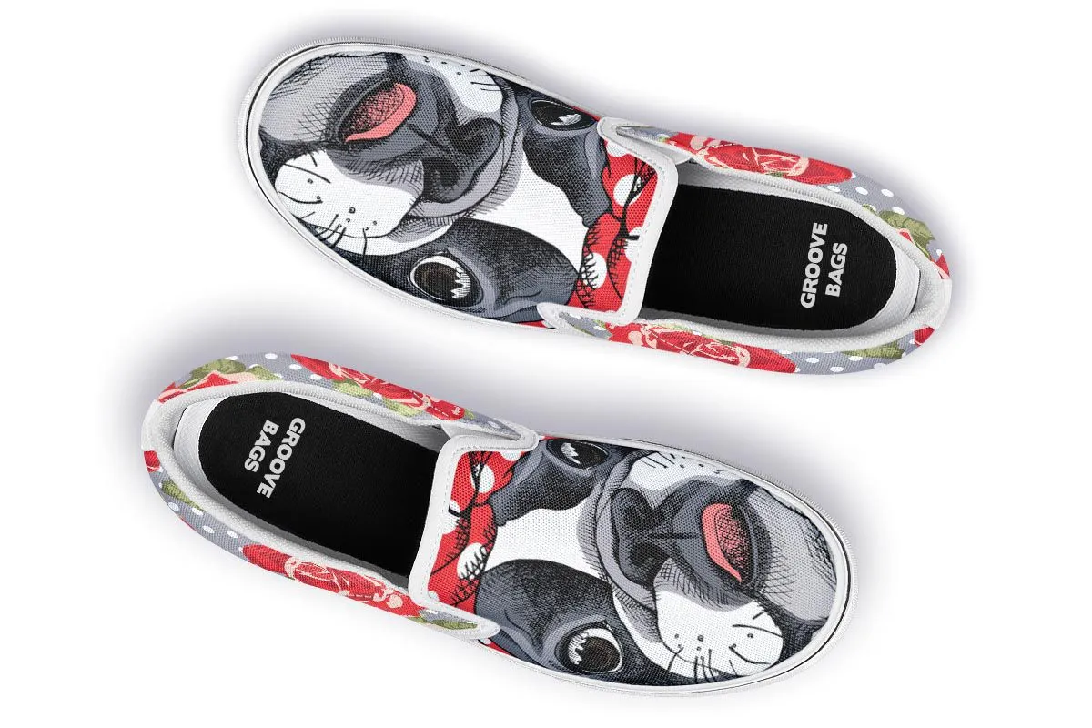 Floral Boston Terrier Slip-On Shoes