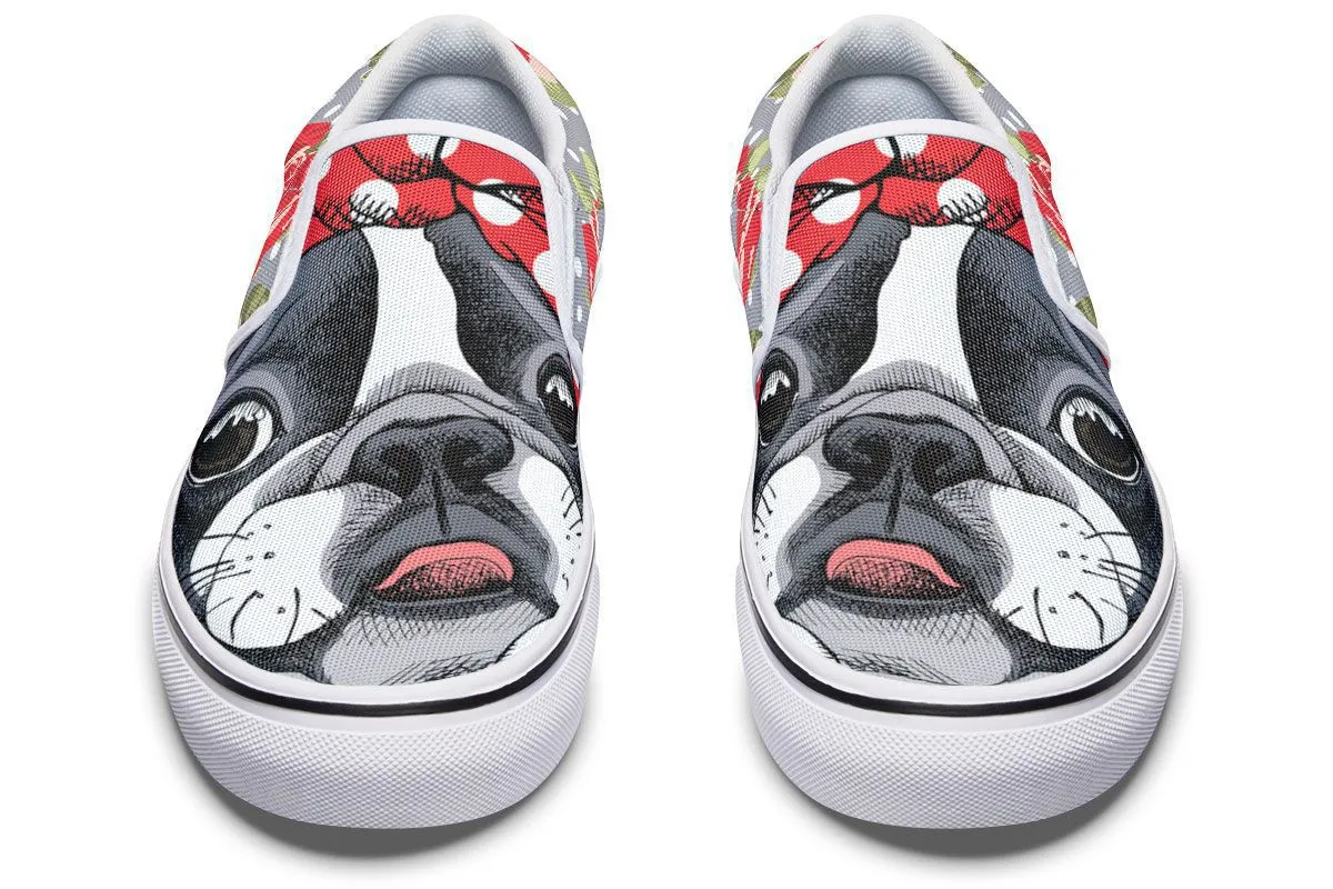 Floral Boston Terrier Slip-On Shoes