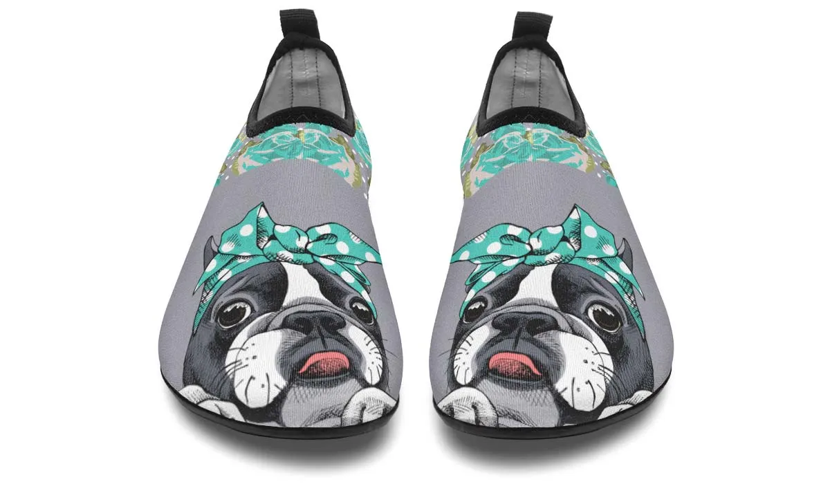 Floral Boston Terrier Turquoise Aqua Barefoot Shoes