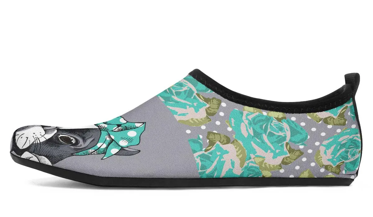 Floral Boston Terrier Turquoise Aqua Barefoot Shoes
