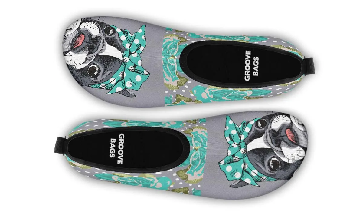Floral Boston Terrier Turquoise Aqua Barefoot Shoes