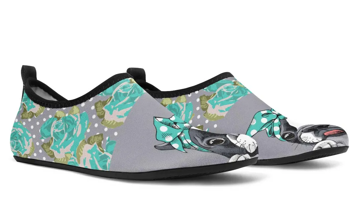 Floral Boston Terrier Turquoise Aqua Barefoot Shoes
