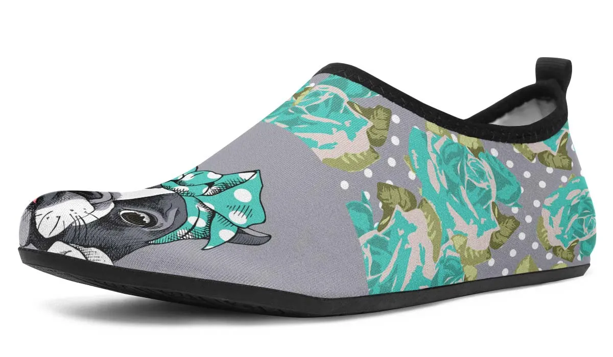 Floral Boston Terrier Turquoise Aqua Barefoot Shoes