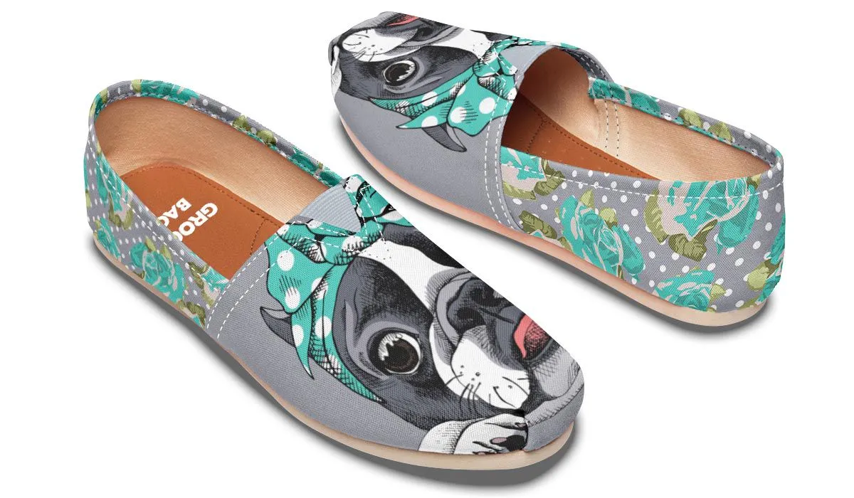 Floral Boston Terrier Turquoise Casual Shoes