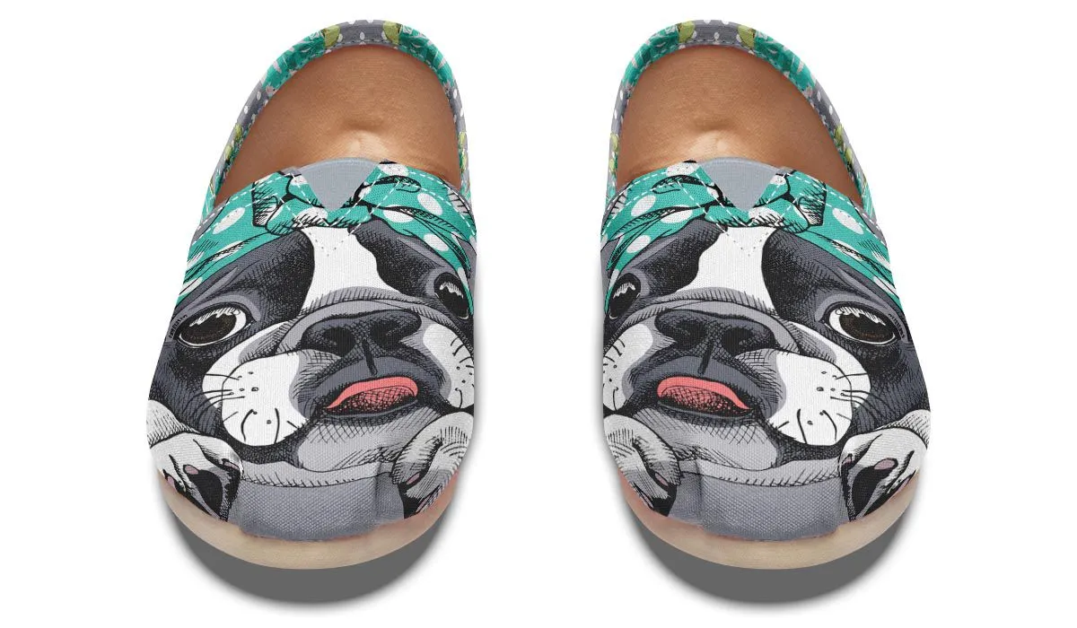 Floral Boston Terrier Turquoise Casual Shoes