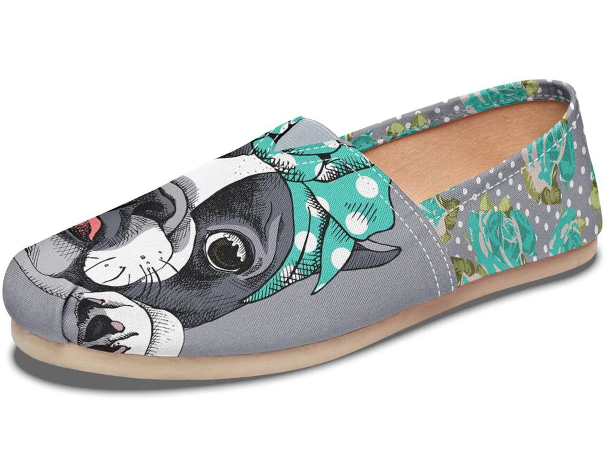 Floral Boston Terrier Turquoise Casual Shoes