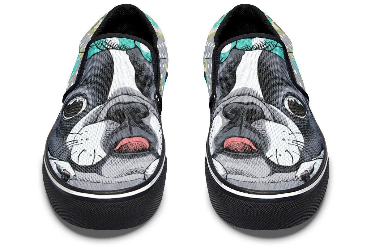 Floral Boston Terrier Turquoise Slip-On Shoes