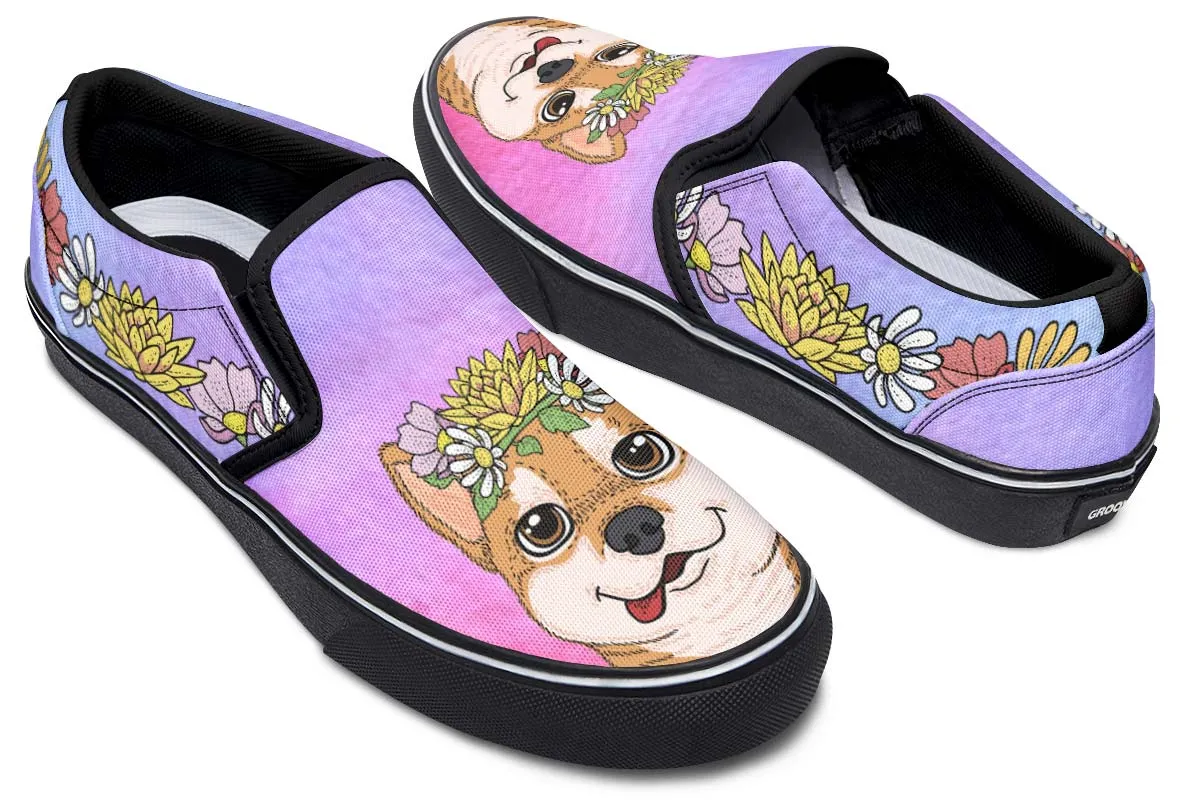 Fun Floral Shiba Inu Slip-On Shoes
