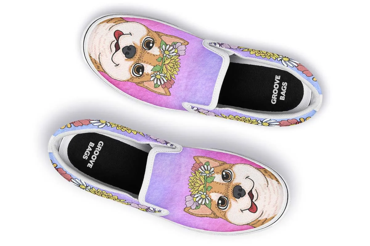 Fun Floral Shiba Inu Slip-On Shoes