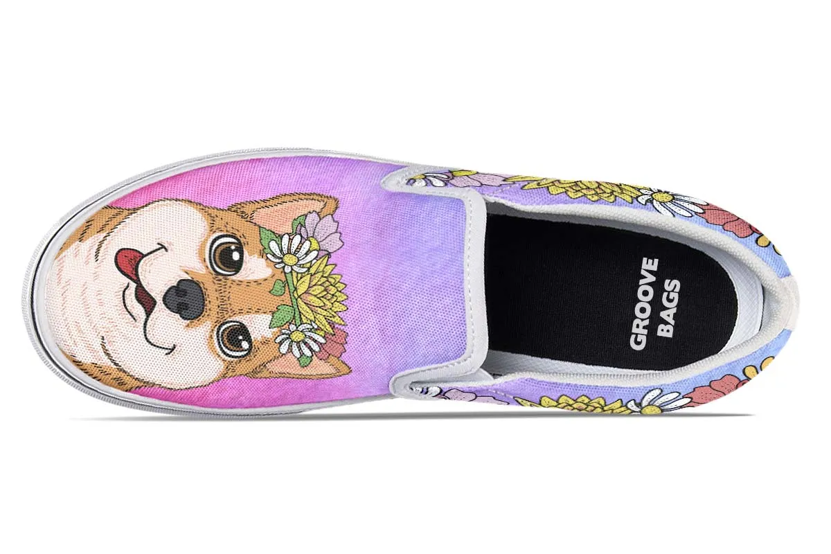 Fun Floral Shiba Inu Slip-On Shoes
