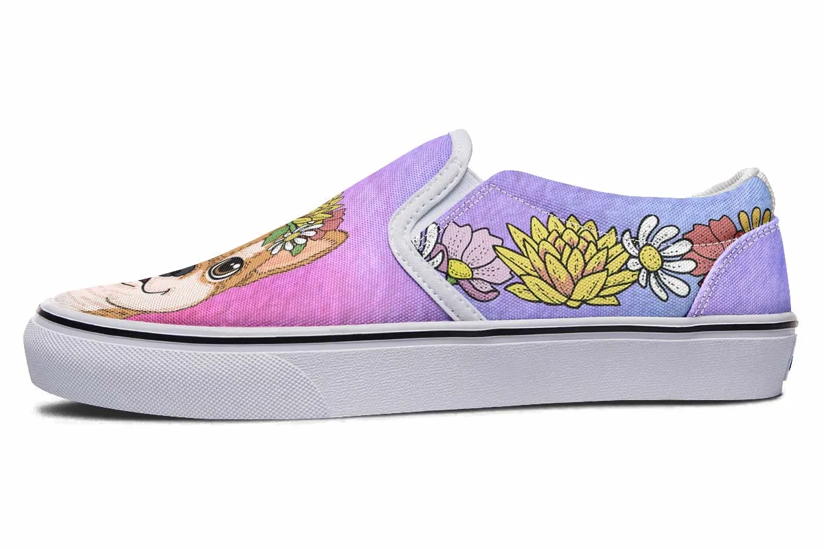 Fun Floral Shiba Inu Slip-On Shoes