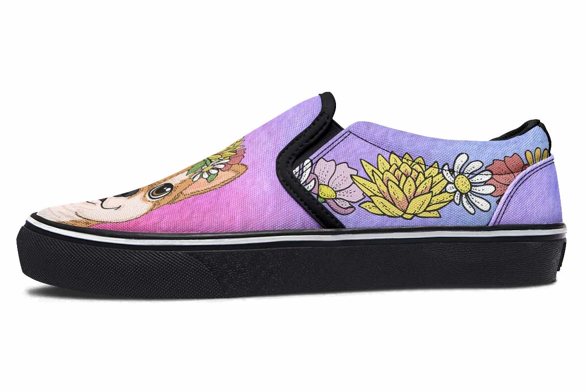 Fun Floral Shiba Inu Slip-On Shoes