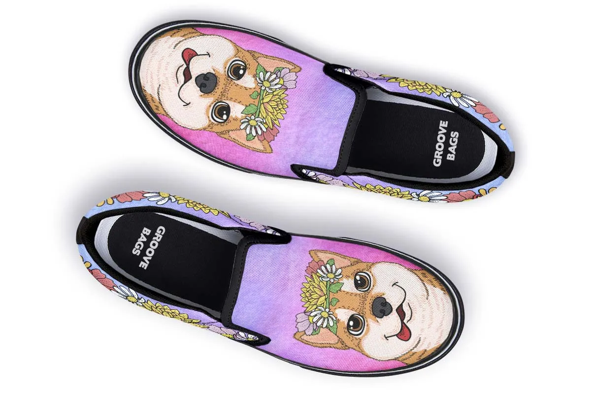 Fun Floral Shiba Inu Slip-On Shoes