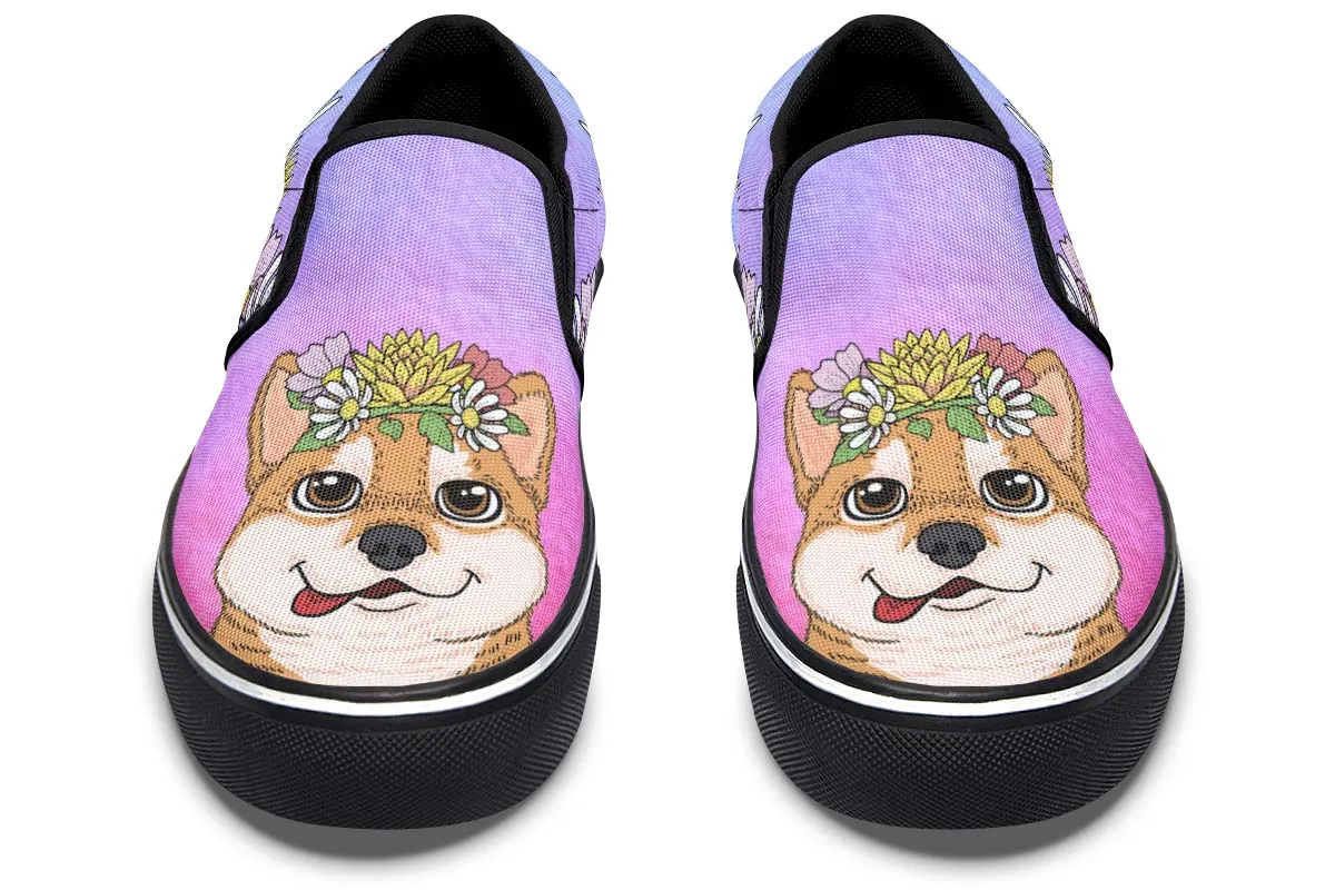 Fun Floral Shiba Inu Slip-On Shoes