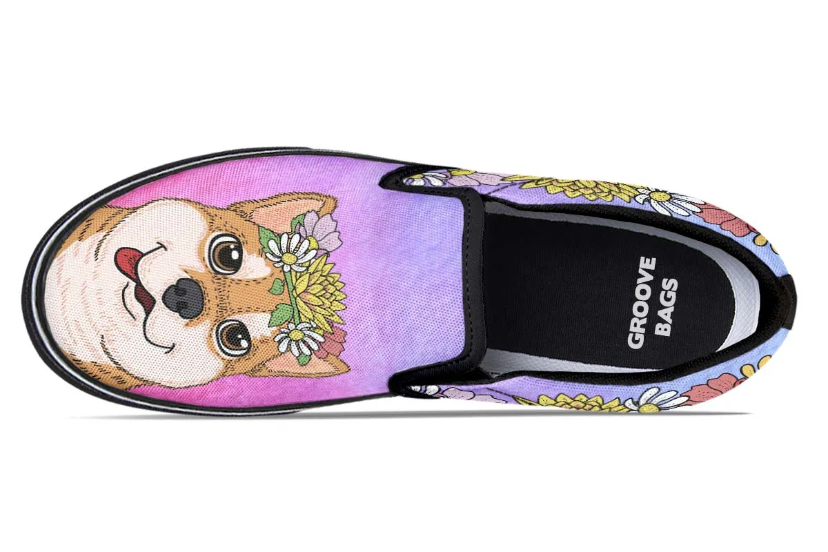 Fun Floral Shiba Inu Slip-On Shoes