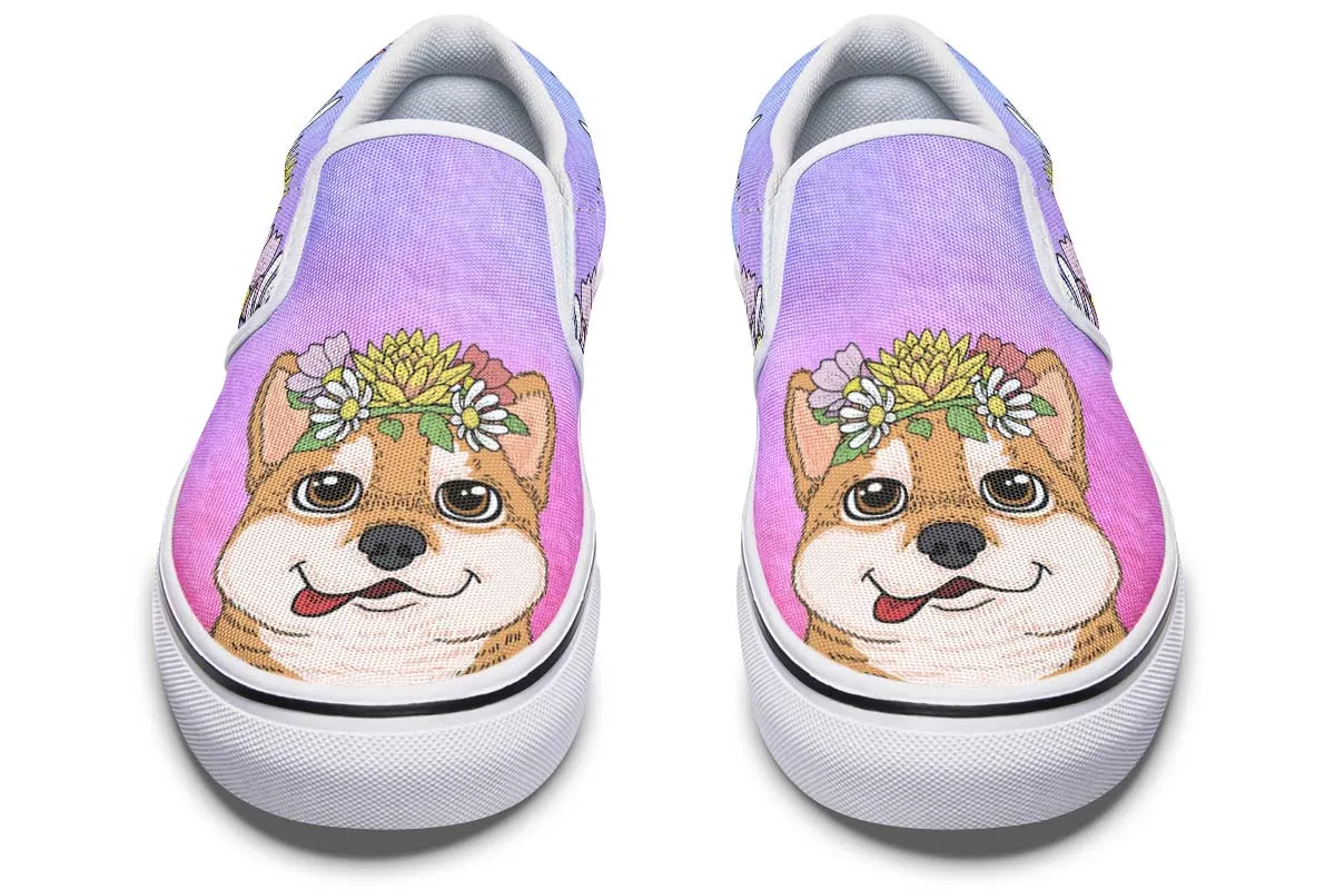 Fun Floral Shiba Inu Slip-On Shoes
