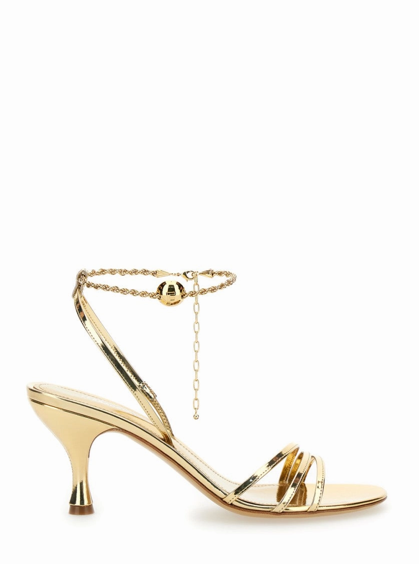 Gold Tone Sandals With Chain In Patent Leather