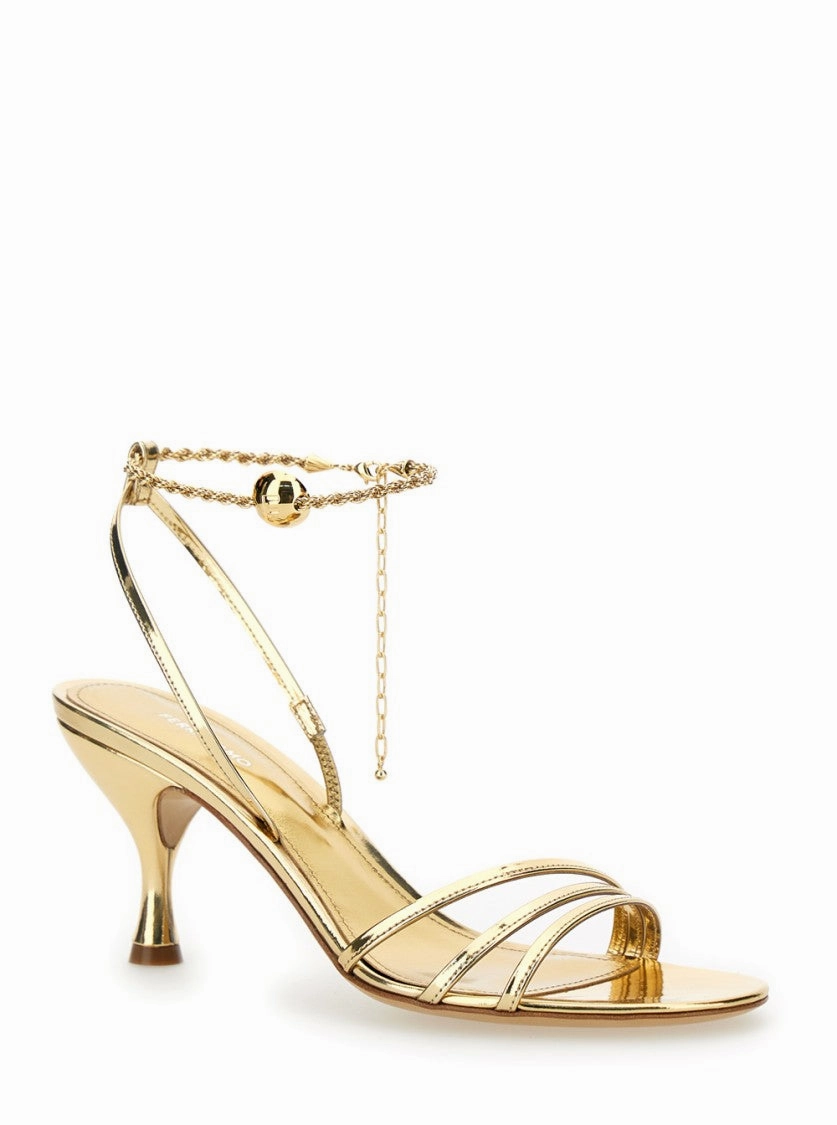 Gold Tone Sandals With Chain In Patent Leather