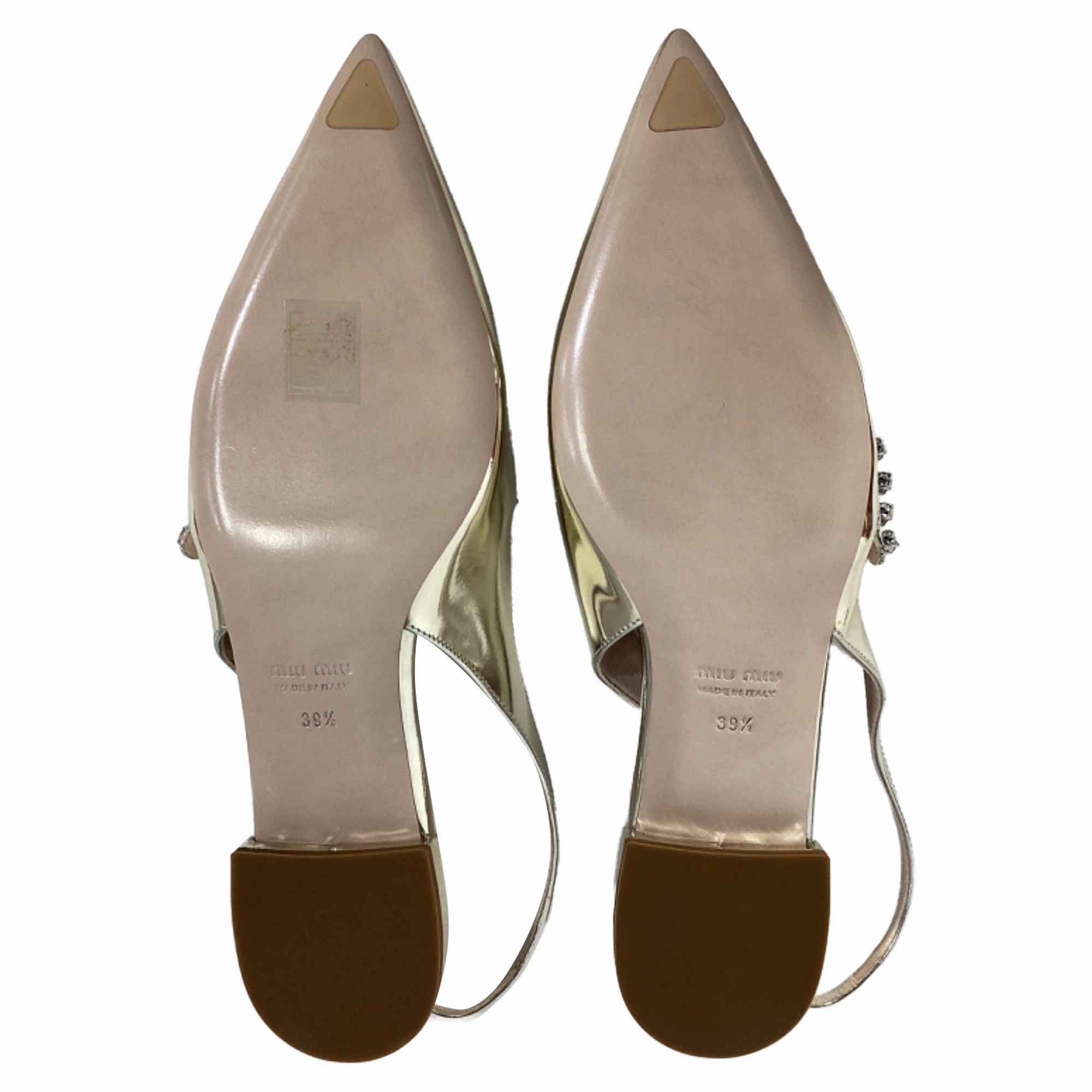 Miu Miu Crystal Embellished Slingback Flats in Gold Leather