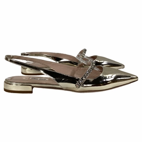 Miu Miu Crystal Embellished Slingback Flats in Gold Leather