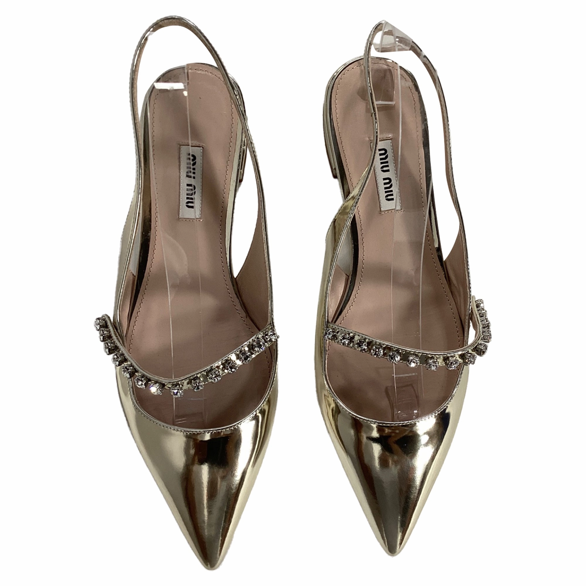 Miu Miu Crystal Embellished Slingback Flats in Gold Leather