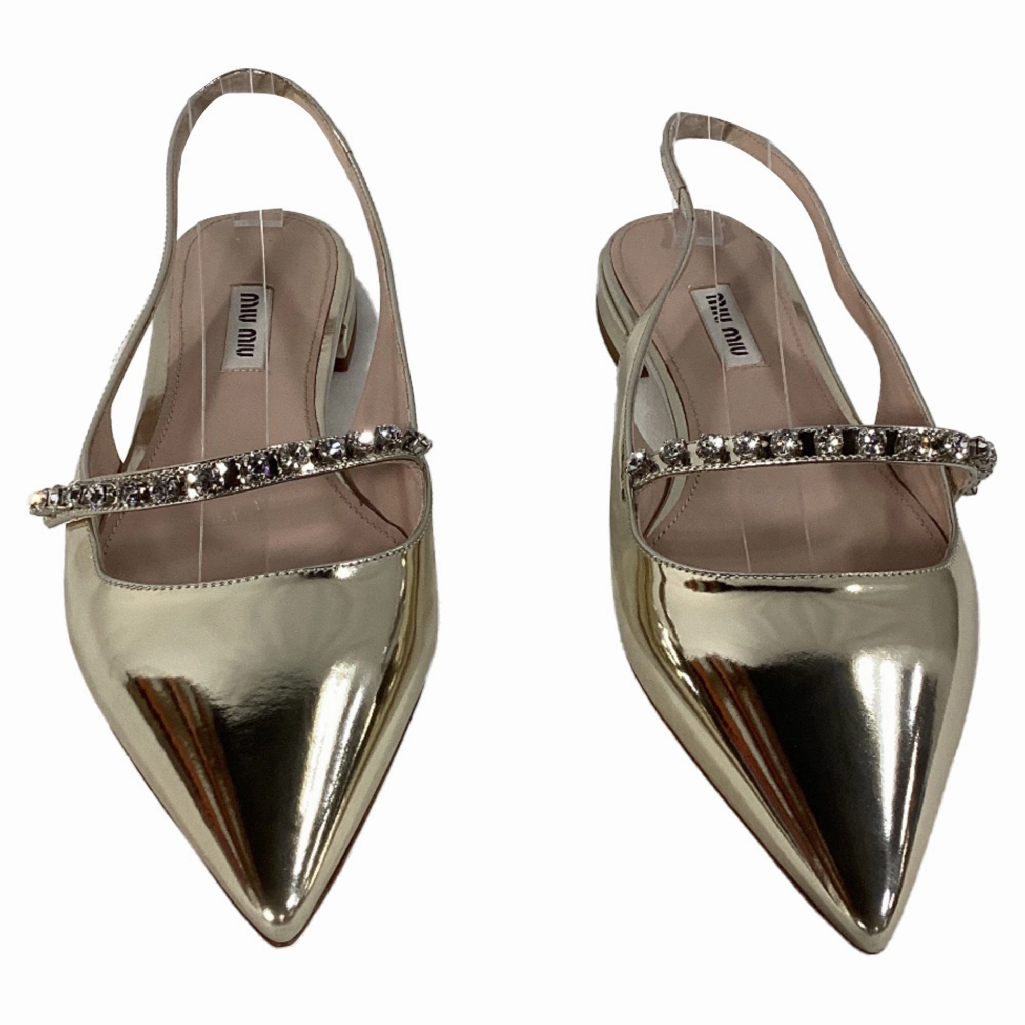 Miu Miu Crystal Embellished Slingback Flats in Gold Leather