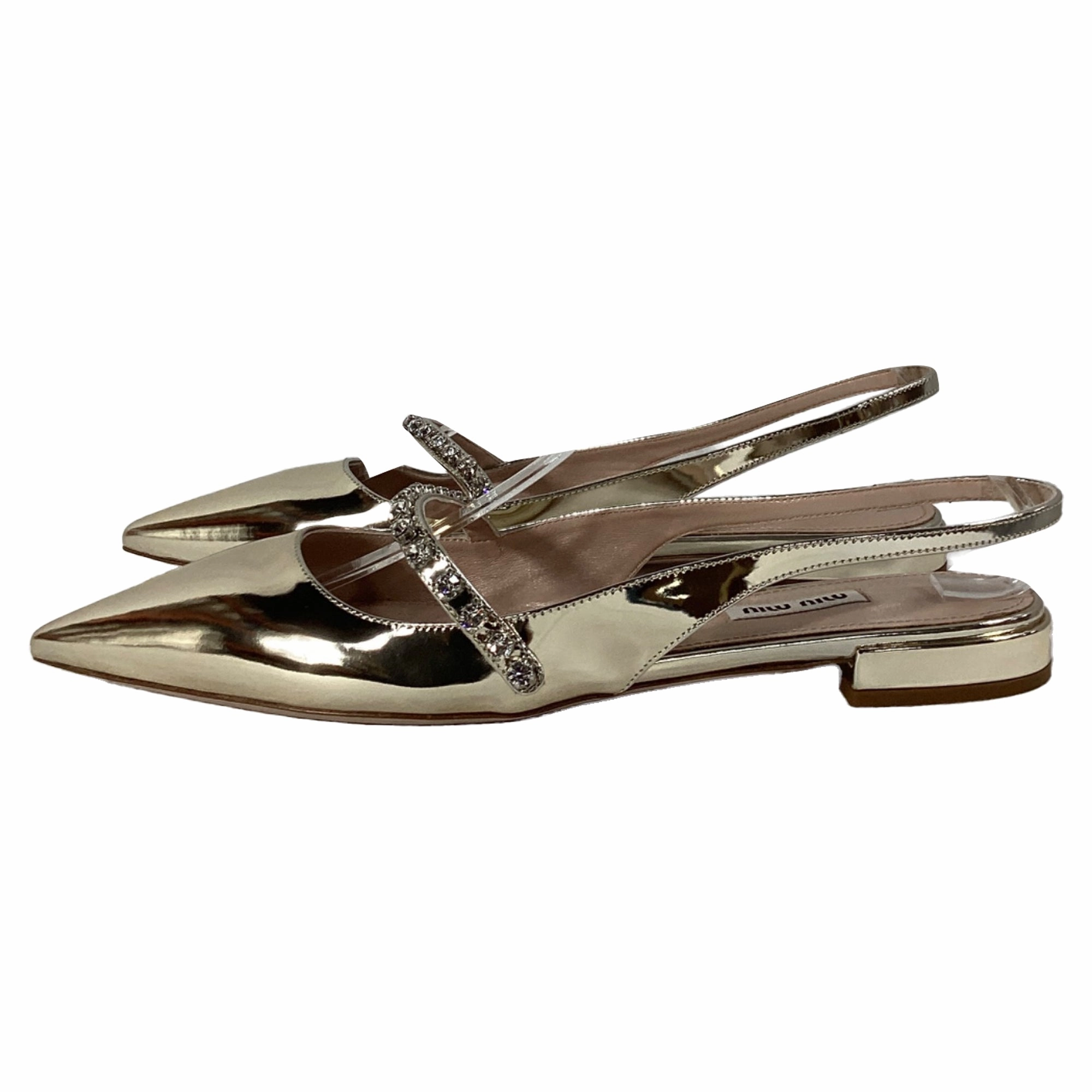 Miu Miu Crystal Embellished Slingback Flats in Gold Leather