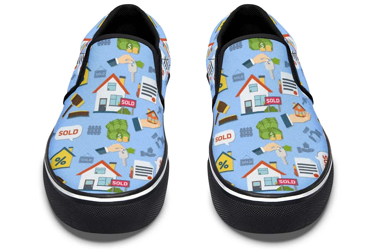 Real Estate Pattern Blue Slip-On Shoes