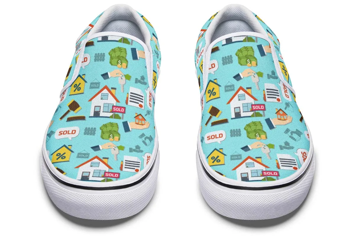 Real Estate Pattern Turquoise Slip-On Shoes