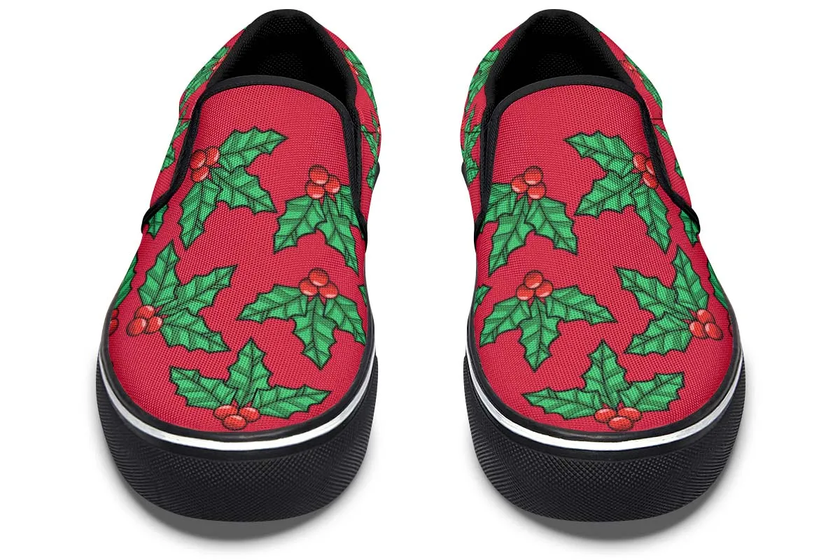 Red And Green Mistletoe Slip-On Shoes
